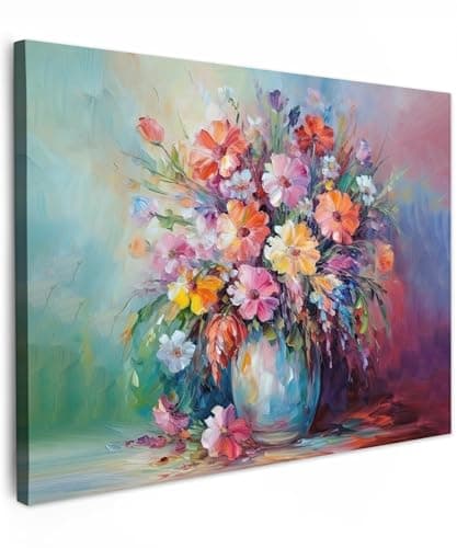 Image of Bouquet in Vase, Oil Painting, Abstract Art, Wall Picture for Living Room Decoration, Colourful Painting on Canvas (30 x 50 cm, No Frame)
