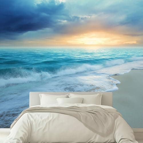 Image of Kids Photo Mural - Sea Waves Blue Sky White Clouds Wallpaper- Amazing 3D Effect - Ideal for Boys Girls Bedroom 300 W x 210 H cm