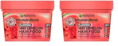 Image of Garnier Hair Food 3-In-1 Fine Hair Treatment Mask, 4x More Plumped Hair, For Fine Hair, No Silicones, Vegan Formula, Watermelon, Ultimate Blends, 400ml (Pack of 2)