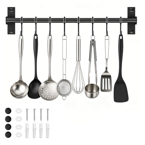 Image of Kitchen Utensil Holder Hanger, 40cm Utensil Rack, Wall-Mounted Hanging Bar Rail with 10 Removable S Hooks for Family Kitchen & Bathroom, Cooking Utensils, Towels, Small Items, Black Coated Steel