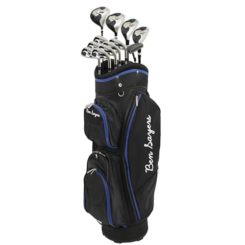 Image of Ben Sayers M8 13-Piece Golf Package Set | Complete Mens Set | Full 12 Clubs Graphite/Steel Shafts with Cart Bag | Driver, Woods, Hybrids, Irons, Wedges & Putter (Right Hand - Black/Blue)