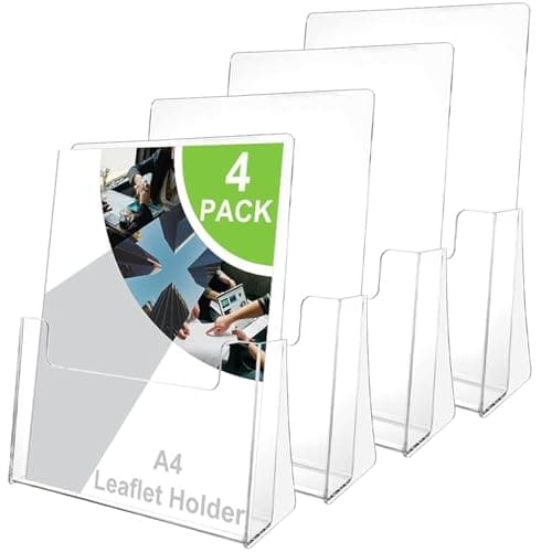 Image of DAJAVE 4 Pcs Leaflet Holder A4 Leaflets Stand, Acrylic Leaflet Display Stands A4 Brochure Stand Free Standing Brochure Holder for Magazine Business Card Booklets Menu