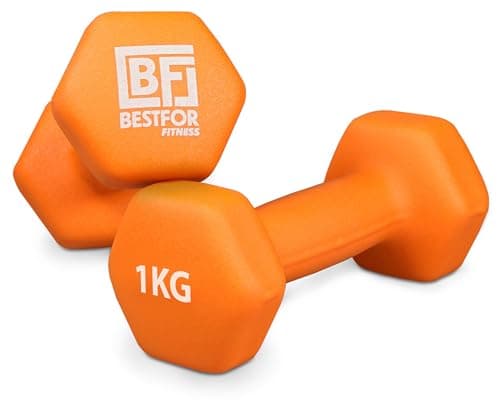 Image of Bestfor Pair of 1kg Hex Anti Roll Non Slip Neoprene Dumbbell Weights For Exercise, Fitness, Workouts, Lifting with Exercise Chart