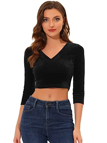Image of Allegra K Women's St. Patrick's Day Costumes Velvet Blouse V Neck 3/4 Sleeve Solid Saree Crop Top Black L