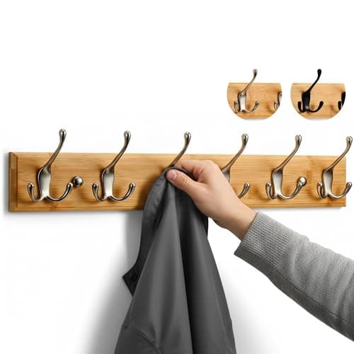 Image of LARHN Wall-Mounted Coat Rack - 6 Matt-Nickel Triple Coat Hooks for Wall on Stylish Wooden Bamboo Base - 59 cm - All Fixings Included