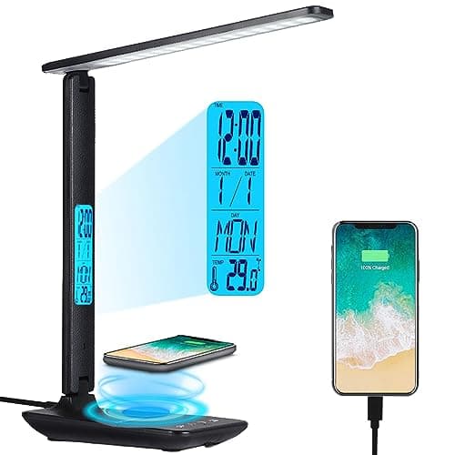 Image of LED Desk Lamp with Wireless Charger, USB Charging Port, Desk Lamp with Clock, Phone Holder, 5 Brigntness x 3 Colour Modes, Eye-Caring Desk Lamps for Home Office, Bedroom, Reading, Work, Study（Black）