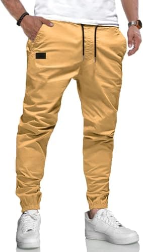 Image of LIUPMWE Joggers for Men Cotton Casual Mens Work Trousers Tracksuit Elastic Cargo Pants Waist with Drawstring Pockets Sweatpants,M,Khaki 4