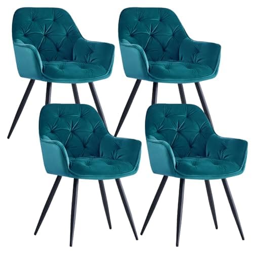 Image of ZOONFA Set of 4 Velvet Dining Chairs Upholstered Kitchen Chairs with Thick Padded High Back Armchair with Black Metal Legs Tub Chair for Dining Room Living Room (Teal)