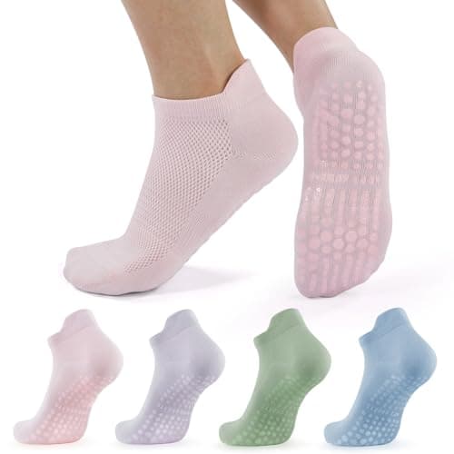 Image of BUDERMMY 4 Pairs Pilates Yoga Grip Socks for Women Non Slip Slipper Grippy Socks Breathable Cotton Dance Trampoline Trainer Socks (UK, Numeric, 3, 5, Regular, Regular, Mixed color)