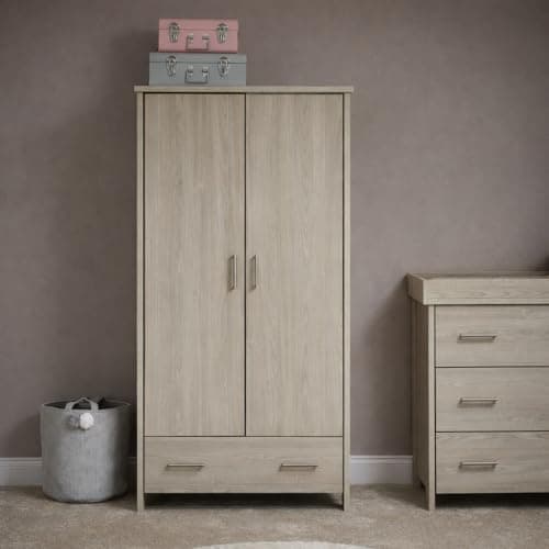 Image of Obaby Nika Double Wardrobe – Grey Wash, Nursery Storage with Hanging Rail & Shelves