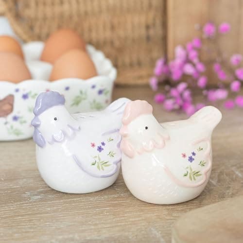 Image of Hen Shaped Salt and Pepper Shakers, Ceramic, Pastel with Floral Accents, Kitchen Table Accessories, Set of 2