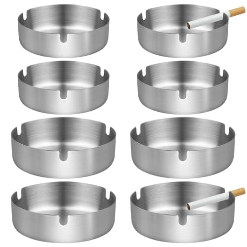 Image of 8 Pcs Stainless Steel Ashtray Set,Round Portable Cigarette Ashtray Diameter 8/10cm Ash Trays with 3 grooves,Metal Ashtrays for Indoor and Outdoor,Home and Office