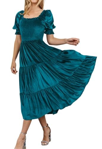 Image of R.Vivimos Autumn Winter Velvet Dress for Women Square Neck Puff Sleeve Midi Dress Ruched Smock A Line Flowy Ruffle Long Dress(XLarge,Teal)