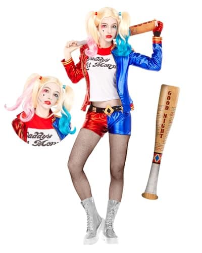 Image of Funidelia Official Harley Quinn Costume with Wig and Inflatable Bat - Suicide Squad for Women Superheroes, DC Comics - Costume for adults for parties, Carnival and Halloween - Size M