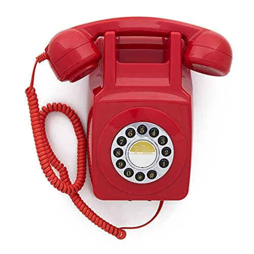 Image of GPO 746 Wall-Mounted Push-Button Telephone - Retro Landline Phone, Curly Cord, Authentic Bell Ring - Red