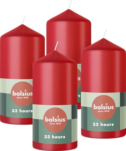 Image of Bolsius Pillar Candles - Red - 4-Pack - 12 x 6 cm - Decorative Household Candles - Long Burning Time of 33 Hours - Unscented - Includes Natural Vegan Wax - Without Palm Oil