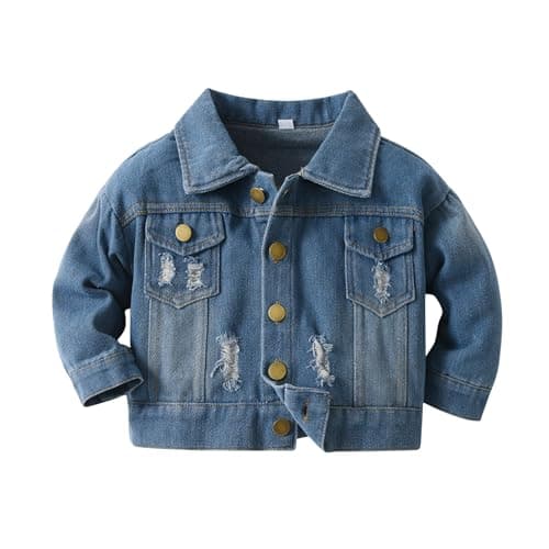 Image of JiAmy Boys Girls Denim Jacket, Kids Ripped Jean Jacket Toddler Lapel Casual Dark Blue for 8-9 Years