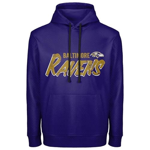 Image of FOCO NFL Men's Officially Licensed Team Wordmark Distressed Performance Sideline Pullover Sweatshirt Hoodie, Baltimore Ravens, Large