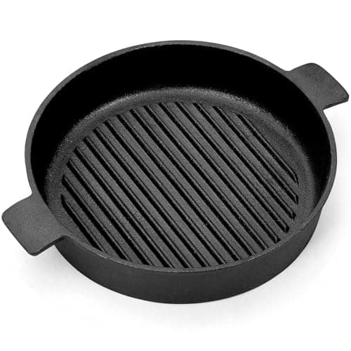 Image of Warmiehomy Cast Iron Griddle Pan,24cm Pre-Seasoned Non-Stick Grill Pan,Round BBQ Cast Iron Skillet with 2 Handles for Gas Induction Electric Hobs and Oven Safe,Ridge Surface