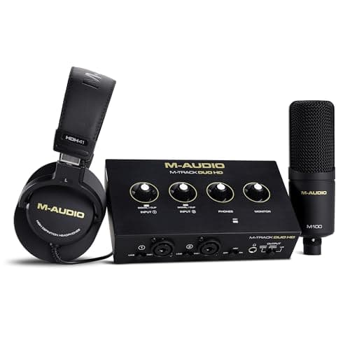 Image of M-AUDIO M-Track Duo HD Audio Interface, M100 Condenser Microphone and HDH41 Studio Monitoring Headphones for Recording, Producers, Content Creators and Podcasters