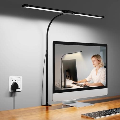 Image of Woputne Desk Lamp with Clamp, Super Wide & Bright, 5 Color Modes x 10 Brightness Levels, 960LM, 5V 2A Adapter, Table Light, Flexible Dual Head Monitor Light for Office, Study, Crafts & Drawing, Black