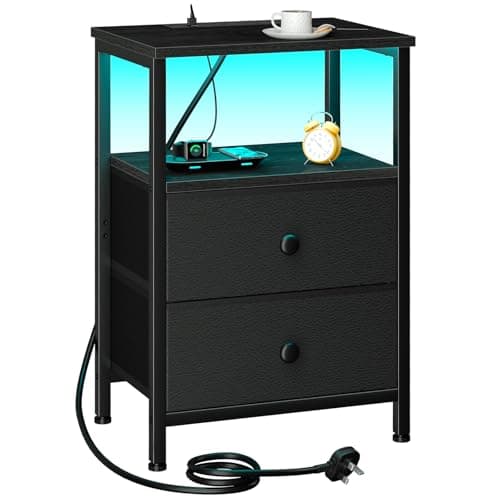 Image of LOAKEKEL Bedside Table with LED Light, Small Side Table with Charging Station, Nightstand with 2 Fabric Drawers and Open Storage Shelf, Bedside Cabinet for Living Room, Bedroom, Black UHETS02BK-1