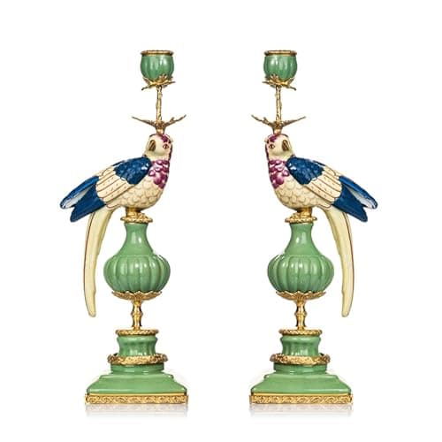 Image of Parrot Porcelain Bronze Candlesticks Candle Holders Pair Blue White 18.5”H Brass Ceramic Bracket Parrot Candle Holder(Green)