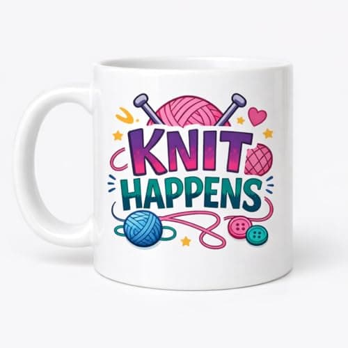 Image of Brew Crew Gifts Knit Happens Funny Knitting Mug, White Ceramic, 11oz, Colourful Yarn Design, Microwave and Dishwasher Safe