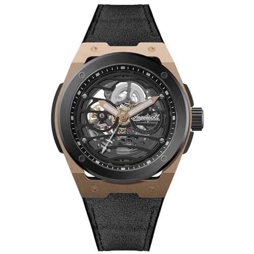 Image of Ingersoll The Springfield Mens 48mm Automatic Watch with Black Skeleton Dial and Black PU/Alcantra Strap I15202