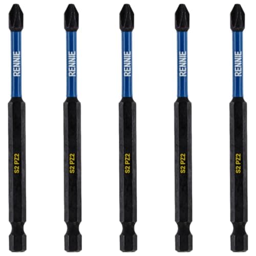 Image of 5 x Rennie Tools 100mm Long PZ2 Impact Screwdriver Driver Bits Set. Heavy Duty PoziDriv POZI No.2 Magnetic Screwdriver Bit Set. PZ2 Impact Driver Bits Pozidrive Screw Accessories. Black Oxide Coated