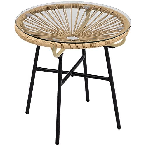 Image of Outsunny Rattan Side Table, Round Outdoor Coffee Table, with Round PE Rattan and Tempered Glass Tabletop for Patio, Garden, Balcony, Beige