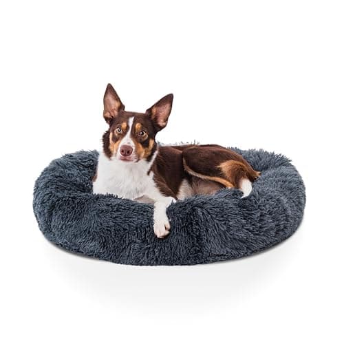 Image of Woof & Whiskers Donut Dog Bed Dark Grey Medium 70cm – Calming Round Plush Pet Bed for Dogs & Cats | Anti-Anxiety Cuddler Bed, Non-Slip Base, Soft, Machine Washable (Dark Grey, 70cm)
