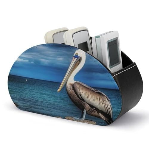 Image of Rkklvbns PU Leather Remote Organizar Box for Office, Pelican Bird Blue Sea Sky TV Remote Control Holder with 5 Compartments, Anti-slip Desktop Remote Caddy Storage for DVD, Blu-Ray, Media Player