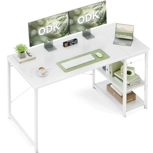 Image of ODK Desk with Reversible Storage Shelves, 120 x 48 cm Small Computer Desk, Home Office Work Table, Study Writing Table for Workers and Students, White