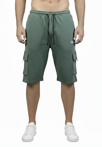Image of Bahob® Men's Fleece Short, Summer Casual Shorts Cotton with Elasticated Waistband Jogger Shorts S-3XL (Olive Green, Large)