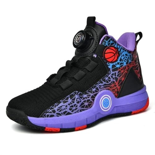 Image of Hixingo Boys Basketball Trainers Shoes, Children's Sport Shoes Tennis Running Trainers Sneaker Kids Basketball Shoes High Top Lightweight Non-Slip Breathable, Size 31-40 Black Purple