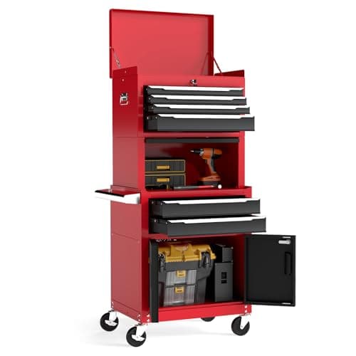 Image of HOMFME 3-in-1 Heavy-Duty Metal Tool Cabinet, 6-Drawer Rolling Tool Chest Combo with Lockable Drawers, Mobile Workshop Service Cart & Utility Trolley for Garage (Red+Black)
