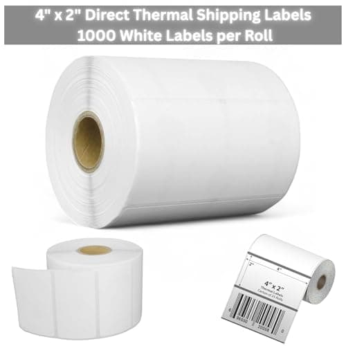 Image of 4" x 2" Direct Thermal Shipping Labels – 1000 White Labels per Roll – 102mm x 51mm – Compatible with Zebra, Citizen, Toshiba Printers – 25mm Core, Wide Edge Leading (1)