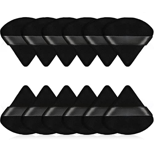 Image of 12-Piece Triangle Powder Puff Set - Soft Velour Puffs for Loose Powder, Foundation, Cream Blush - Reusable, Dry & Wet (Black)