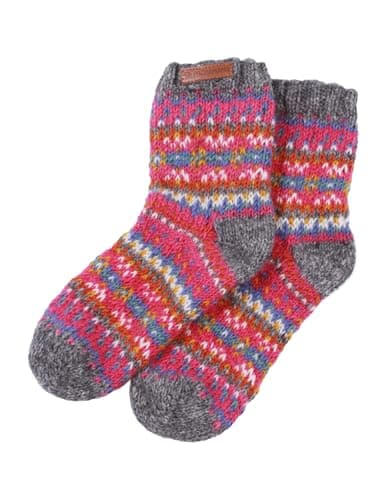 Image of Pachamama Women 100% Wool Bed Sofa Socks Handknitted Traditional Fairisle Colourful Medium 4-7 Handmade Extra Warm Fair Trade (UK, Alpha, One Size, 7, Regular, Regular, Pink)