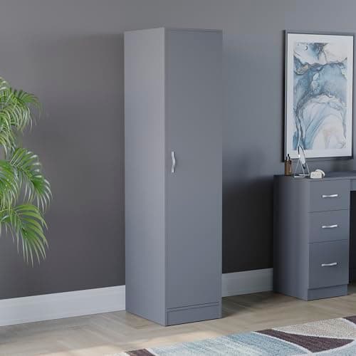 Image of Vida Designs Riano 1 Door Wardrobe | Grey | Bedroom Furniture | 170H x 40W x 53D cm | with Shelf & Hanging Rail | Large Capacity Storage