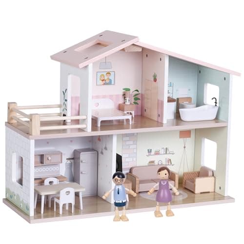 Image of Introductory Offer - Jumini Wooden Dolls House – Modern Open Plan Dollhouse with 2 Dolls & 15 Furniture Accessories, Compact Sustainable Toy for Kids 3+