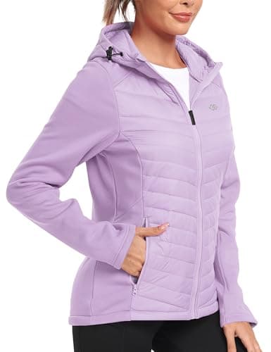 Image of MoFiz Women's Hooded Jackets Lightweight Packable Quilted Padded Jacket Warm Transitional Hybrid Puffer Jacket with Zip Pockets Light-purple Size US S