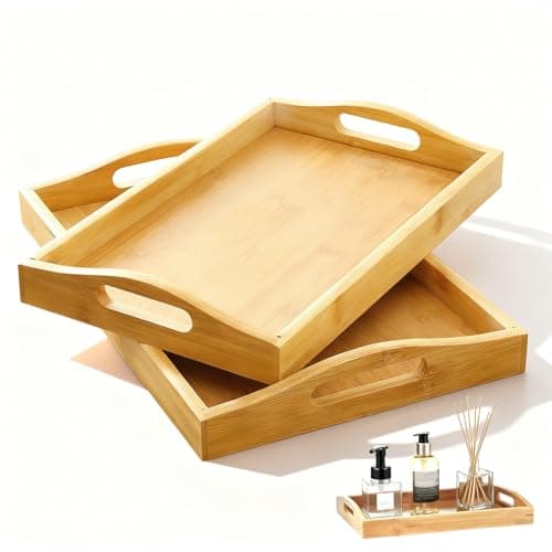 Image of 2 PCS Wooden Serving Tray, Large Bamboo Tray Rectangular Wooden Food Serving Trays with Handles for Tea Snack Coffee Display (40 X 28cm & 33 X 22cm)