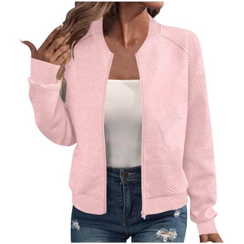 Image of Bomber Jackets For Women Uk, Bomber Jacket Women UK Oversized Textured Lightweight Zip Up Jackets Casual Stand Collar Full Zipper Coats Ladies Autumn Baseball Outerwear Top Pink
