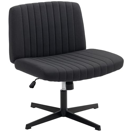 Image of HOMCOM Armless Office Chair No Wheels, Linen Fabric Criss Cross Legged Desk Chair with Wide Seat, Thick Padding, Tilt Function, Height Adjustable Swivel Computer Seat for Home, Black