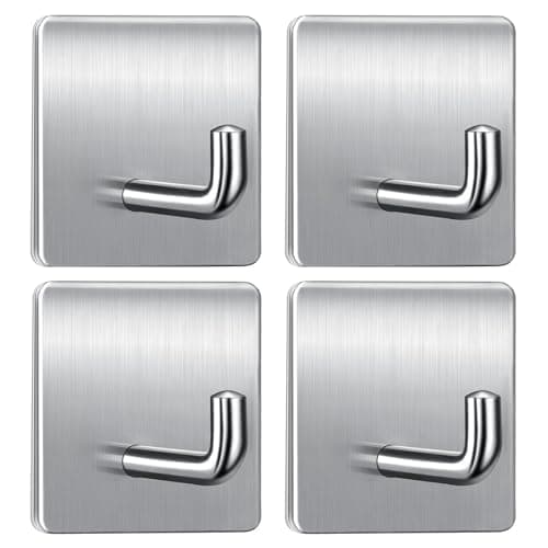 Image of KOOSREEL Self Adhesive Hooks, Extra Sticky and Strong on Wall and Door, 4 Packs 304 Stainless Steel Heavy Duty Hooks for Doors, Kitchen, Bathroom, Cupboards, Office, Walls, Coats, Keys, Silver