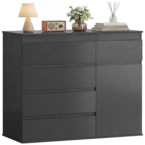 Image of HOMCOM Modern Chest Of Drawers, 5 Drawer Dresser with Cabinet, Adjustable Shelf, Soft-Close Door, Storage Unit for Bedroom, Living Room, Black