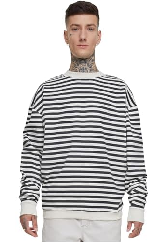 Image of Urban Classics Men's Striped Crew Neck Sweatshirt, Whitesand/Black, M