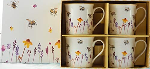 Image of Lesser & Pavey Pretty Water Colour Busy Bees Design Fine China Mugs (Set of 4) 220 ml, Rose